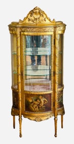 French Louis XV Gold Gilt Wood Vernis Martin Curved Glass Vitrine Curio Cabinet.