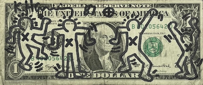 Keith Haring 87, One Dollar Bill drawing, Hand hand Signed. With COA.