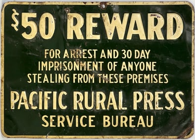 Vintage Tin Reward Pacific Rural Press Sign.