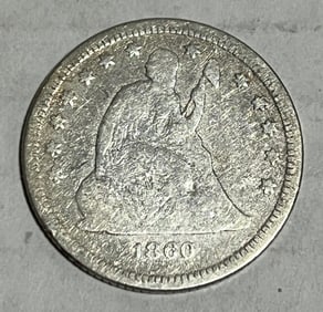 1860 O US Seated Liberty Quarter Dollar Coin.