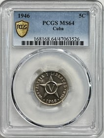 PGCS Graded MS64 5 Centavos Cuba Coin 1946.