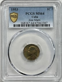 PGCS Graded MS64 Jose Marti 1 Centavo Cuba Coin 1953.