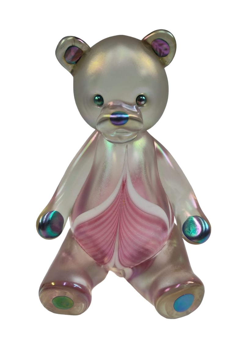 Vintage 1985 Stuart Abelman Art Glass Iridescent Pulled Feather Teddy Bear. (1 of 5)