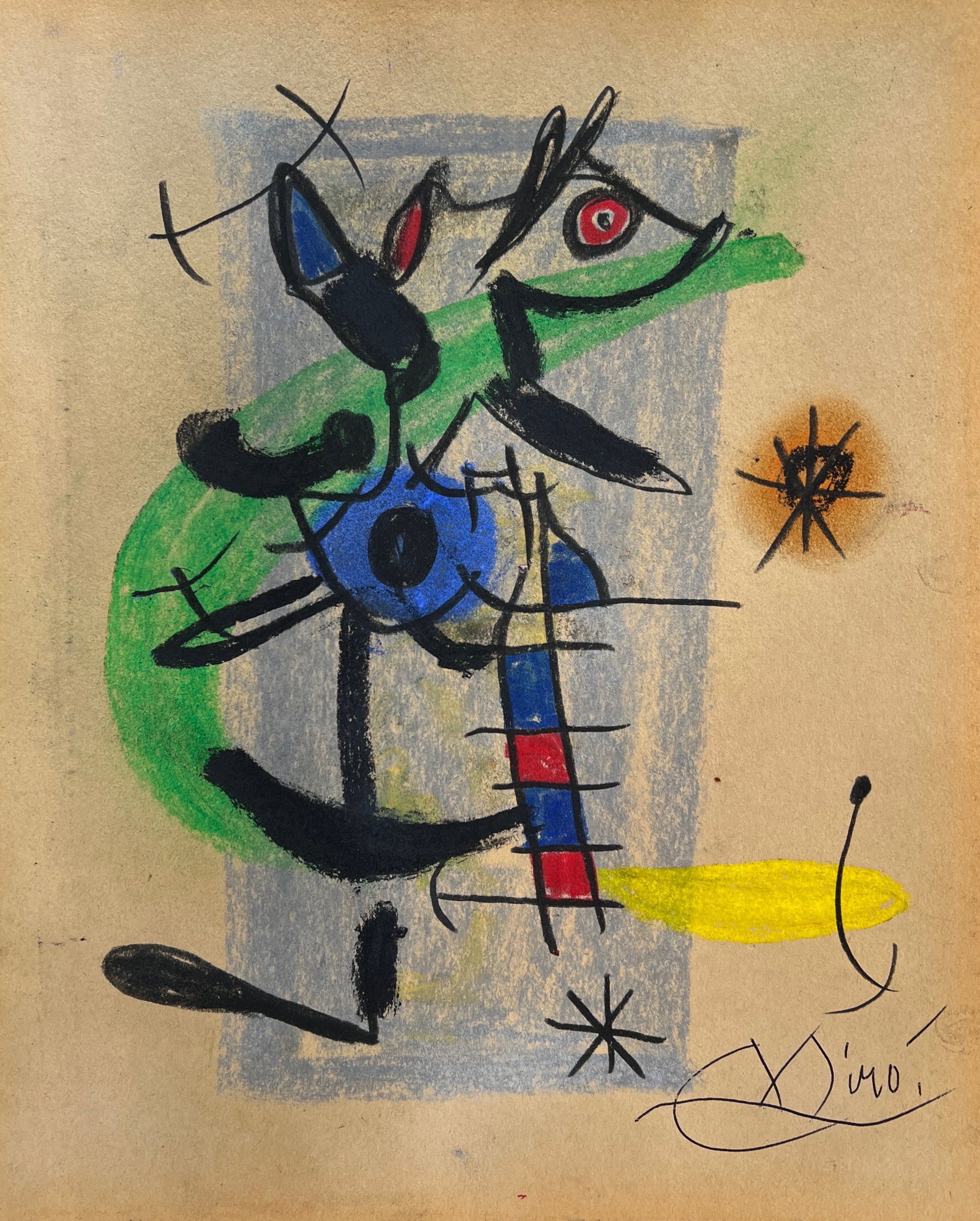 Joan Miro, Mixed media (Pastel and tempera) on paper. (1 of 2)