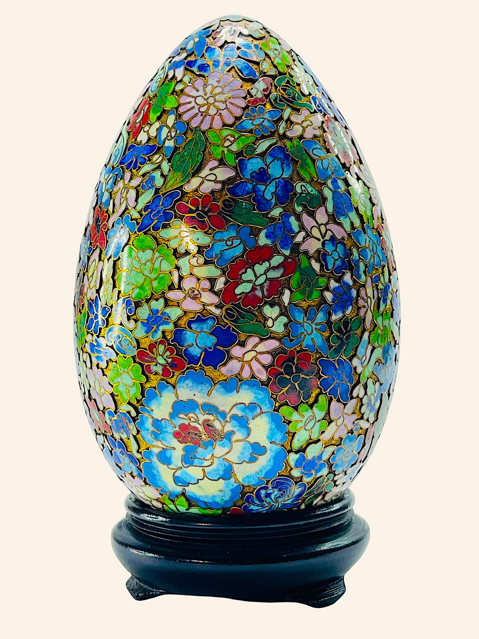 Large Cloisonne egg, mid-20th century, wooden base (1 of 5)