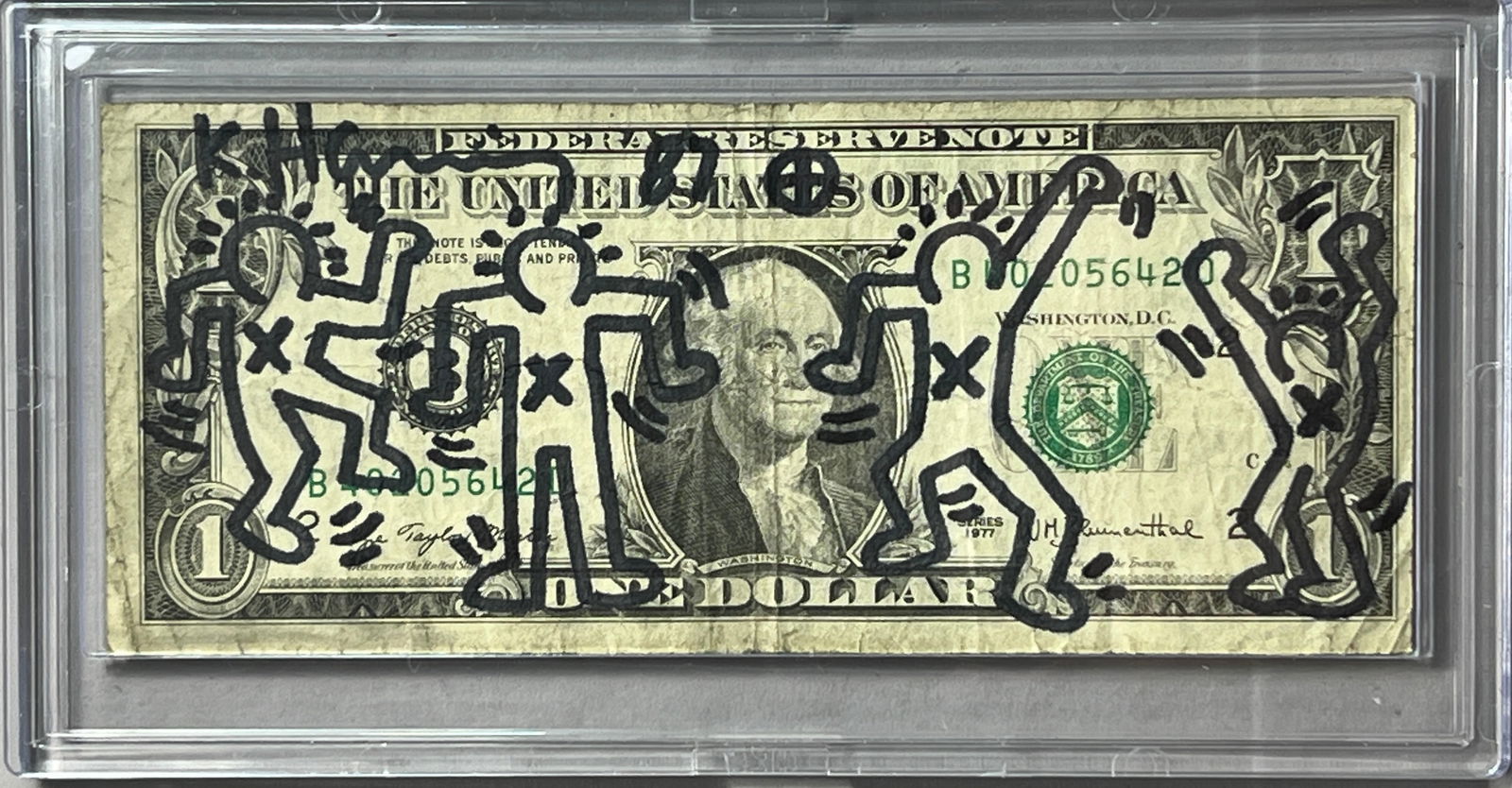 Keith Haring 87, One Dollar Bill drawing, Hand hand Signed. With COA. (1 of 3)