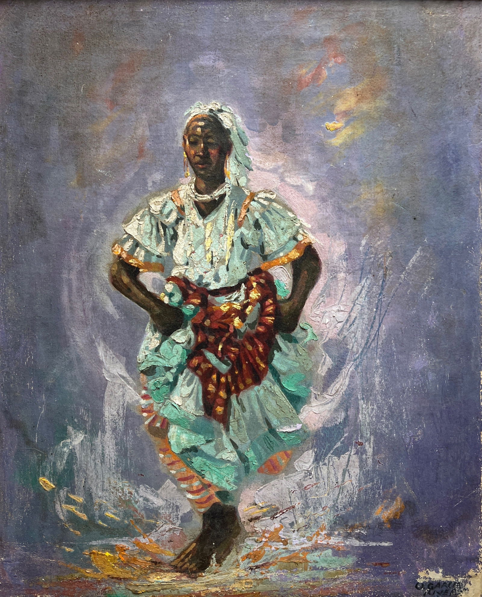 Oscar Garcia Rivera, Oil on canvas.: Oscar Garcia Rivera (1914-1971) Title: Carnaval, Medium: Oil on canvas, Size: 19.75" H x 16" W (inches), Date: ca. 1940. This lot is accompanied by a COA (Certificate of Authenticity). We recommend th