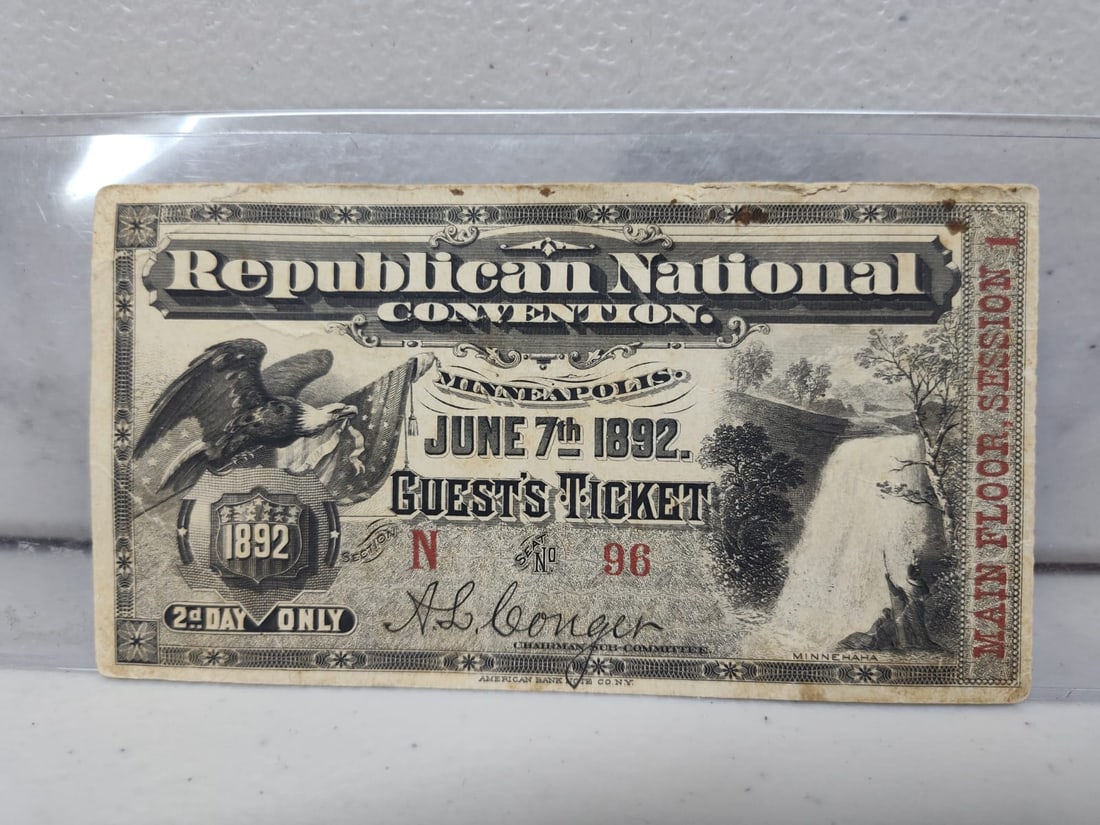 Antique 1892 Republican National Convention Ticket. (1 of 7)