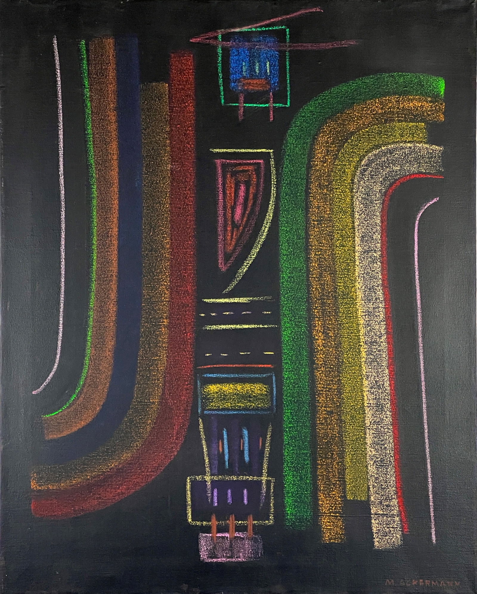 Max Ackermann, Mixed media (Oil and Pastel) on canvas.: Attrib. Max Ackermann (1887–1975) Title: Untitled (Composition), Medium: Mixed media (Oil and Pastel) on canvas, Size: 30" H x 24" W (inches), Date: ca. 1973. This lot is accompanied by a COA (Certi