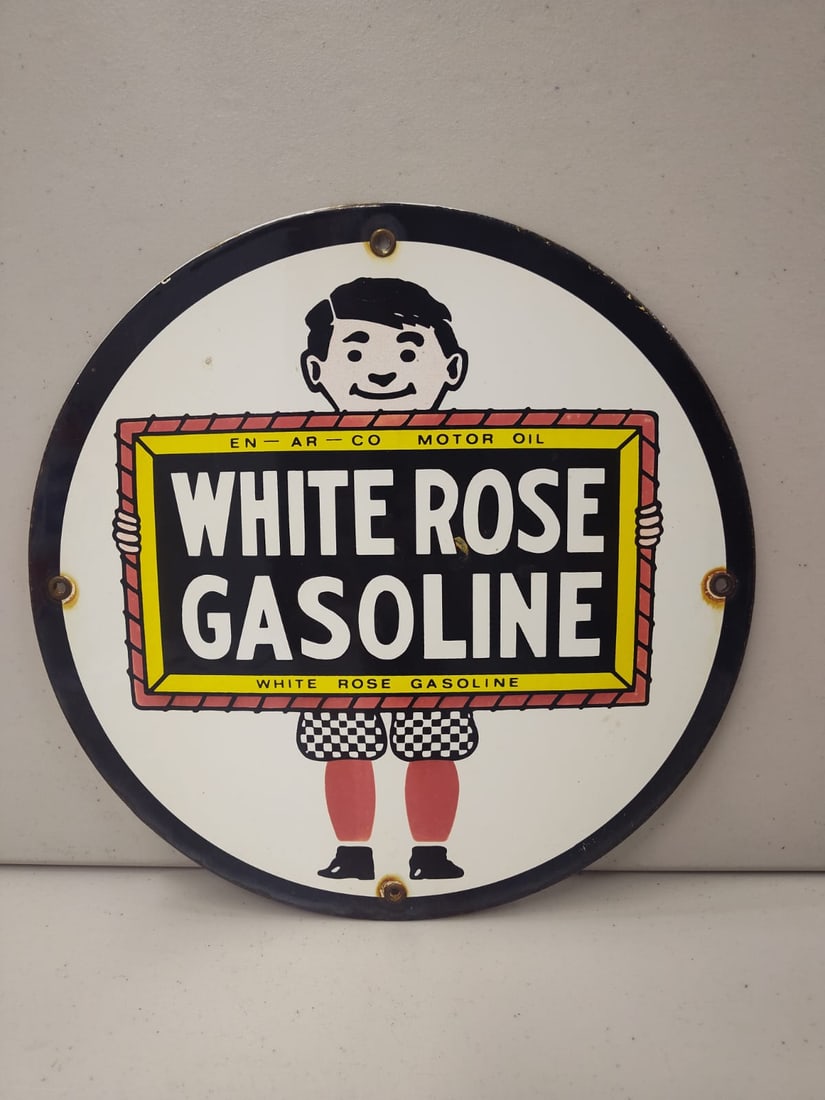 Porcelain Enarco White Rose Gasoline Advertising Sign / Pump Plate. (1 of 4)