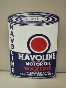 Porcelain Havoline Motor Oil Die Cut Oil Can Advertising Sign.