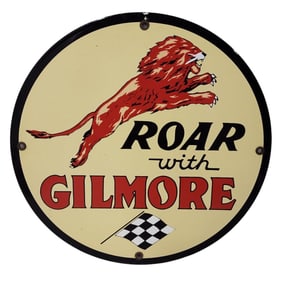 Porcelain Roar With Gilmore Lion Advertising Sign / Pump Plate.