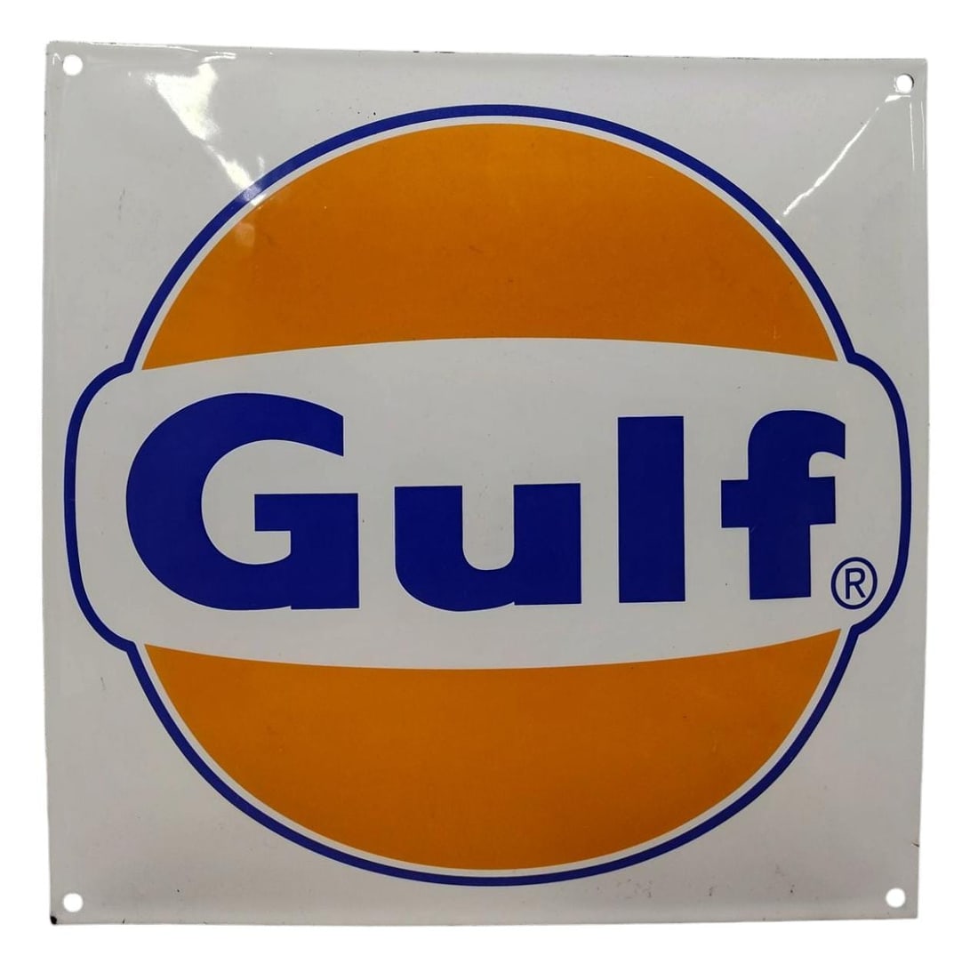 Porcelain GULF Gasoline / Oil Advertising Sign.: Porcelain Advertising Sign. Measures approx 12 x 12 inches. Please examine photos. We are unsure of age, selling as is. Recently out of a local private collection.
