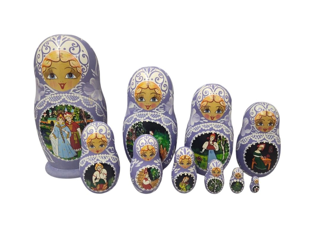 Artist Signed Hand Painted Wood Matryoshka Nesting Dolls.: Artist Signed Hand Painted Wood Matryoshka Nesting Dolls. We believe this set to be complete, and features a total of 10 dolls. Signed on bottom by artist. The tallest is approx 9 inches.