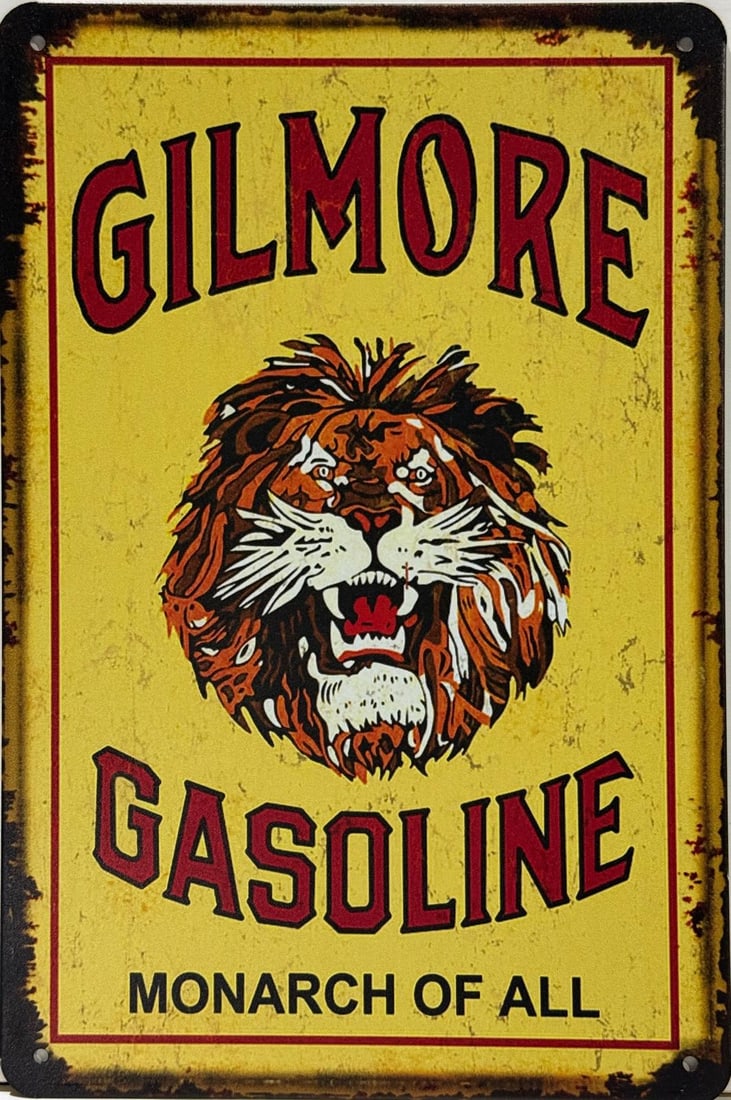 Vintage Style Tin Gilmore Gasoline Advertising Sign.: Vintage Style Tin Gilmore Gasoline Advertising Sign. This is a modern / contemporary made piece made to look old. A piece that was made purely for decoration. Looks great in a garage or man cave. Meas
