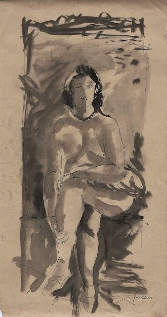 Jules Pascin, Gouache and ink on paper.: Attr. Jules Pascin (1885-1930) Title: Untitled (Portrait of woman), Medium: Gouache and ink on paper, Date: ca. 1928, Size: 18" H x 9" W (inches). This lot is accompanied by a COA (Certificate of Attr