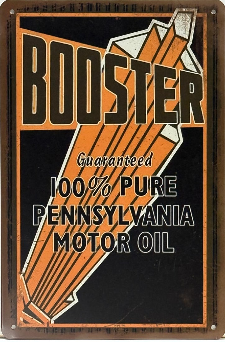 Tin Booter Motor Oil Advertising Sign.: Tin Booter Motor Oil Advertising Sign. A piece that was made purely for decoration. Looks great in a garage or man cave. Measures 12" h x 8" w (in). Excellent condition.