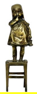 Juan Clara Ayats, Bronze sculpture, Girl on stool.: Attr. Juan Clara Ayats (1875-1958) Title: Girl on Stool, Medium: Bronze sculpture, Size: 11.50" H inches, Date: ca. 1920. This lot is accompanied by a COA (Certificate of Attribution) and is not a rep