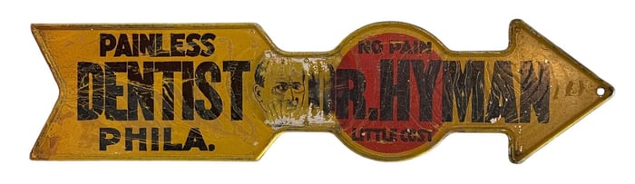 Vintage Dr. Hyman Dentist Tin Metal Arrow Advertising Sign RARE.