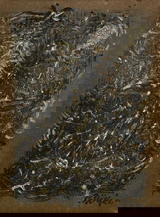 Jackson Pollock, Oil on board.: Attr. Jackson Pollock (1912-1956) Title: Untitled (Abstract composition), Medium: Oil on board, Size: 16" H x 12" W (inches), Date: 1951. This lot is accompanied by a COA (Certificate of Attribution)
