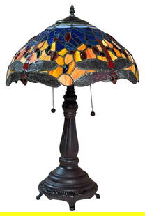 Tiffany-Style Dragonfly Table Lamp, Late 20th Century: Late 20th century. Beautiful Tiffany-style table lamp. Shade with dragonflies as part of the decoration, opaline crystals. Bronze base with capacity for two bulbs (110 V). Dimensions: 23.25 high x 16