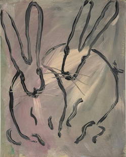 Hunt Slonem, Oil on board.: Attr. Hunt Slonem (American, born. 1951) Title: Untitled (Two rabbits), Medium: Oil on board, Size: 20" h x 16" w (inches), Date: 2008. This lot is accompanied by a COA (Certificate of Attribution) an