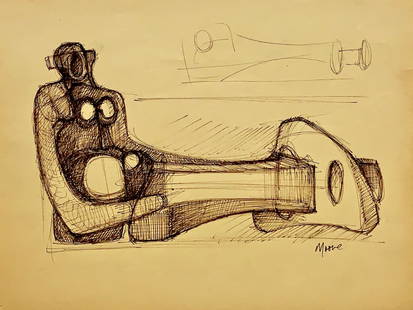 Henry Moore, Ink on paper.: Attr. Henry Moore (1898-1986) Title: Untitled (Sculpture sketch), Medium: Ink on paper, Date: ca. 1970, Size: 8.25" H x 10.50" W inches. This lot is accompanied by a COA (Certificate of Attribution) a