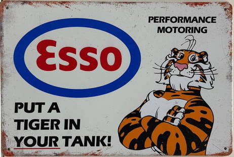 Tin Esso Advertising Sign.: Tin Esso Advertising Sign. A piece that was made purely for decoration. Looks great in a garage or man cave. Measures 12" h x 8" w (in). Excellent condition.
