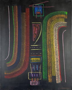 Max Ackermann, Mixed media (Oil and Pastel) on canvas.: Attr. Max Ackermann (1887–1975) Title: Untitled (Composition), Medium: Mixed media (Oil and Pastel) on canvas, Size: 30" H x 24" W (inches), Date: ca. 1973. This lot is accompanied by a COA (Certifi