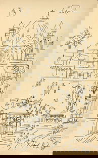 Raoul Dufy, Ink on paper.: Attr. Raoul Dufy (1877-1953) Title: Untitled (Parisian landscape), Medium: Ink on paper, Date: ca.1935-40, Size: 8.50" H x 5.25" W inches. This lot is accompanied by a COA (Certificate of Attribution)