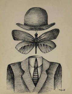 Rene Magritte, Ink on paper: Attr. Rene Magritte (1898-1967) Title: Untitled (Man in the bowler), Medium: Ink on paper, Date: circa 1960-65, Size: 11.75" h x 9" w inches. This lot is accompanied by a COA (Certificate of Attributi