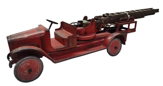 Large Buddy L Pressed Steel Aerial Ladder / Fire Truck Toy.