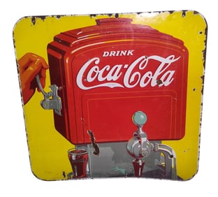 1939 Drink Coca Cola DSP Sign w/ Outboard Motor Fountain Dispenser.