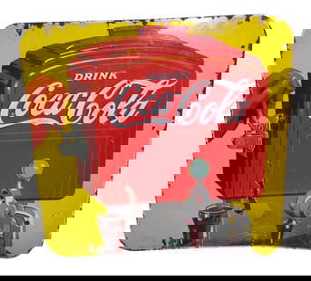 1939 Drink Coca Cola DSP Sign w/ Outboard Motor Fountain Dispenser.: 1939 Drink Coca Cola Advertising Sign w/ Outboard Motor Fountain Dispenser. DSP (double sided porcelain). Marked Made in