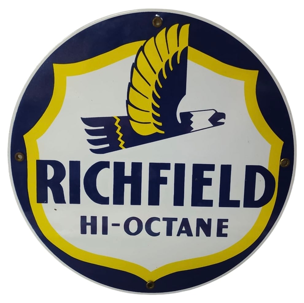 Round Porcelain Richfield Hi Octane Advertising Sign / Pump Plate. (1 of 2)