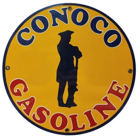 Round Porcelain Conoco Gasoline Advertising Sign / Pump Plate.