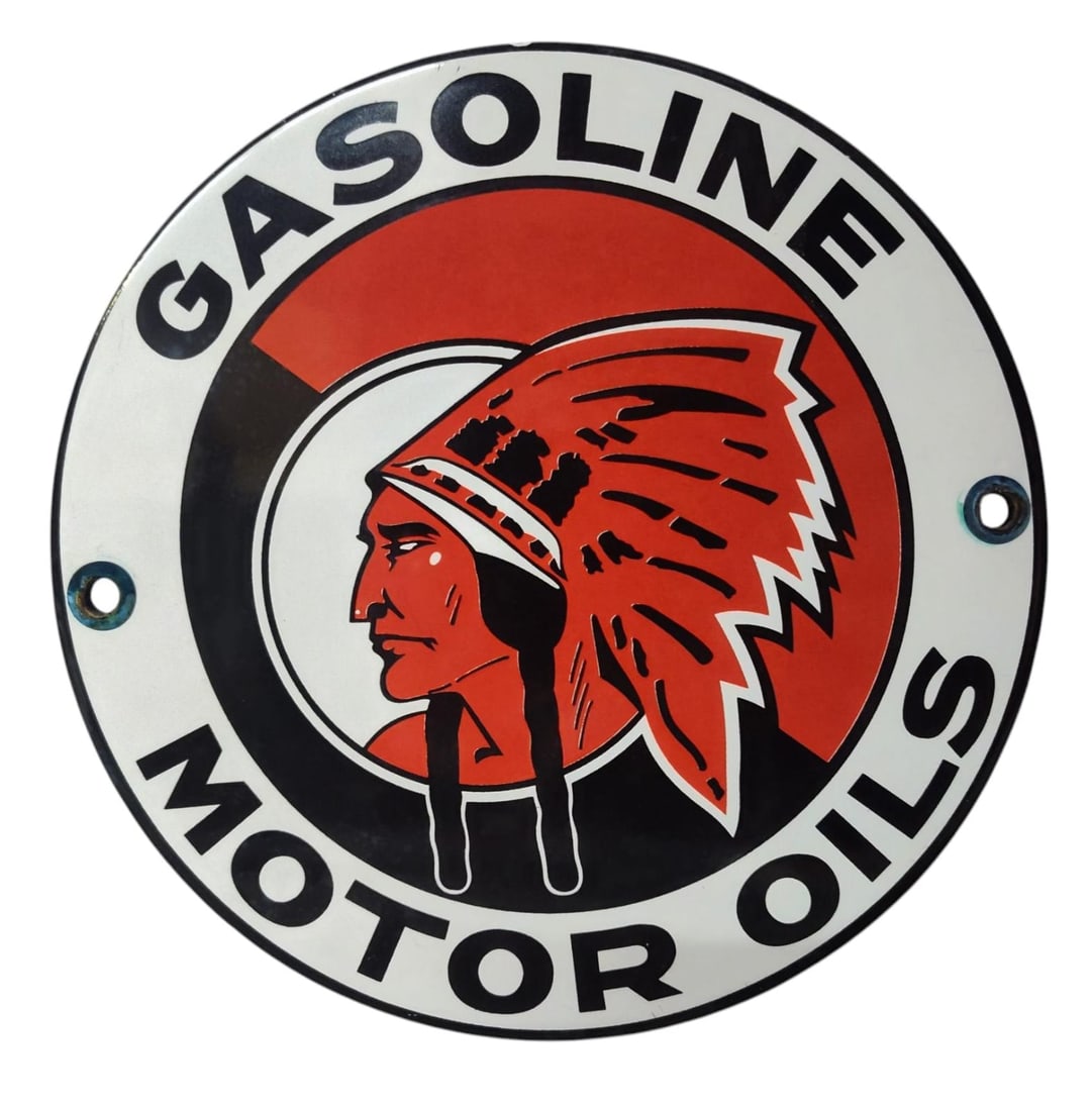 Round Porcelain Red Indian Gasoline Motor Oil Advertising Sign.: Porcelain Advertising. Measures approx 6 inches in diameter. Please examine photos. We are unsure of age, selling as is. Recently out of a local private collection.