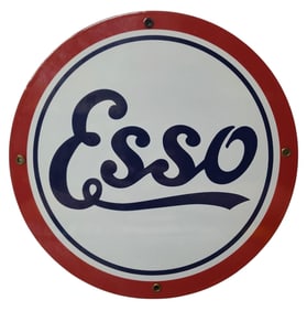 Round Porcelain Esso Gasoline Advertising Sign / Pump Plate.