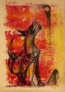 Rufino Tamayo, Charcoal and gouache on paper.: Attr. Rufino Tamayo (1899-1971) Title: Untitled (Dog howling at the moon), Medium: Charcoal and gouache on paper, Size: 15" h x 10.75" w inches, Date: 1971 (0-71). This lot is accompanied by a COA (Ce