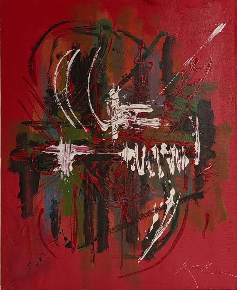 Georges Mathieu, Oil on canvas.: Attr. Georges Mathieu (1921-2012) Title: Untitled (Abstract composition), Oil on canvas, Date: circa 1986, Size: 20" h x 16" w inches. This lot is accompanied by a COA (Certificate of Attribution) and