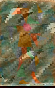 Carlos Merida, Oil on cardboard.: Attr. Carlos Merida (1891-1984) Title: Untitled (Abstract composition), Medium: Oil on cardboard, Date: 1977, Size: 18" h x 11.50" w inches. This lot is accompanied by a COA (Certificate of Attributio