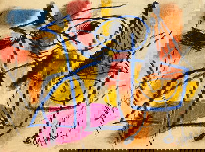 Karel Appel, Pastel on paper.: Attr. Karel Appel (1921-2006) Title: Untitled, Medium: Pastel on paper, Date: ca. 1950, Size: 9" H x 12.25" W (in). This lot is accompanied by a COA (Certificate of Attribution) and is not a reproduct