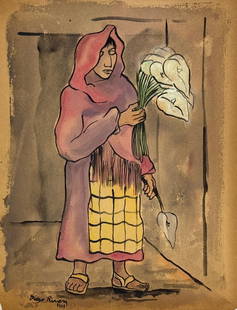 Diego Rivera, Watercolor on paper.: Diego Rivera (1886-1957) Title: "Vendedora de Alcatraces", Medium: Watercolor on paper, Date: circa 1947, Size: 14" h x 11" w inches (35.5 h x 28 w cm). COA by Mrs. Ruth Alvarado Rivera. Was one of Me
