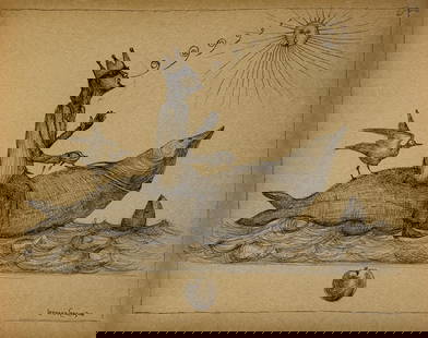 Leonora Carrington, Ink on paper.: Attr. Leonora Carrington (1917-2011) Title: Untitled, Medium: Ink on paper, Size: 11.25" h x 14" w inches, Date: ca. 1965-69. This lot is accompanied by a COA (Certificate of Attribution) and is not a