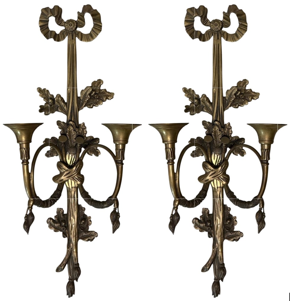 Pair of antique, Louis XVI style, solid bronze, two-armed wall sconces, 1920s. (1 of 9)