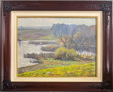 Alexis Jean Fournier, Oil on board.: Alexis Jean Fournier (American, 1865 - 1948) Was an American landscape painter known for his tonal scenes influenced by the Barbizon school. He blended realism with atmospheric light, often depicting