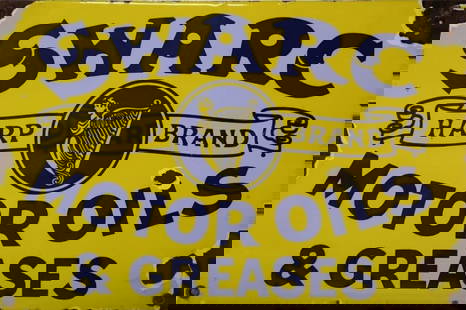 Porcelain Swarc Motor Oil & Greases Advertising Sign.: Porcelain Advertising Sign. Measures approx 12 in x 8 in. Please examine photos. We are unsure of age, selling as is. Recently out of a local private collection.