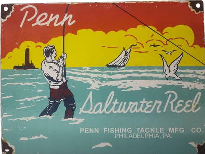 Porcelain Penn Saltwater Reel Fishing Advertising Sign.: Porcelain Advertising Sign. Measures approx 12 in x 9 in. Please examine photos. We are unsure of age, selling as is. Recently out of a local private collection.