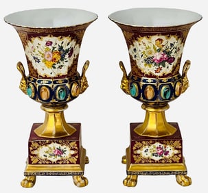 Late 19th Century Pair of Floral Urn-type Vases in French Sevres porcelain.
