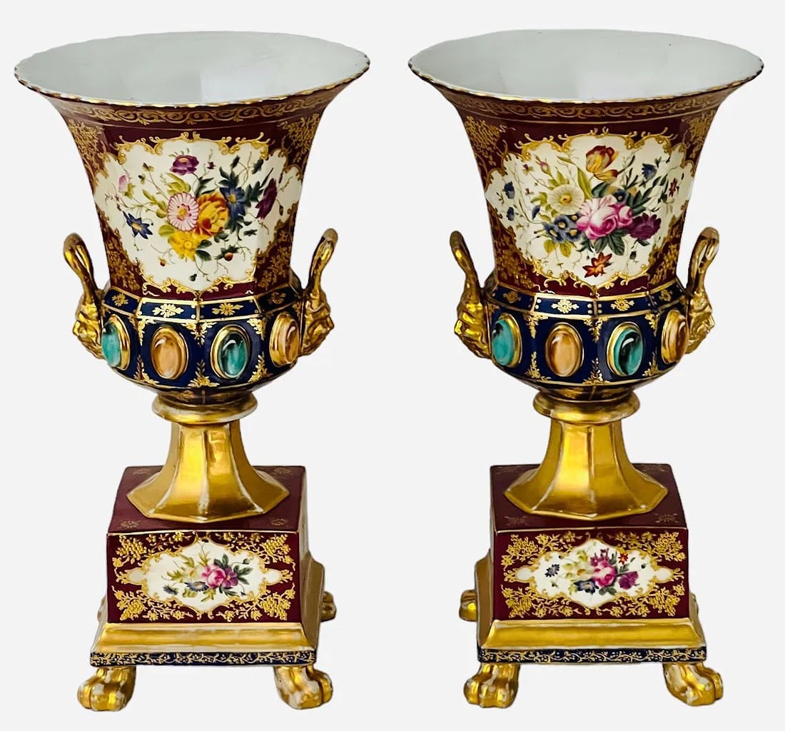 Late 19th Century Pair of Floral Urn-type Vases in French Sevres porcelain.